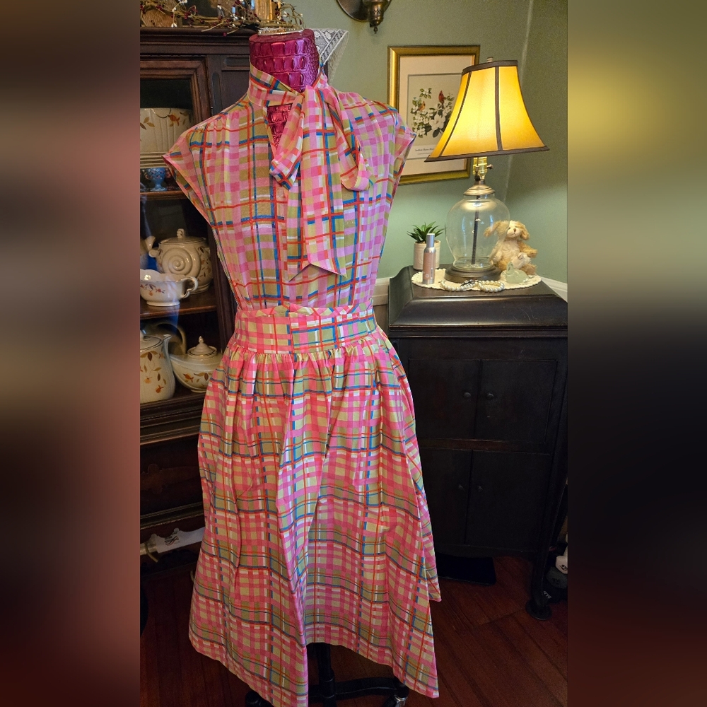 Pink & Green Plaid Blouse And Skirt